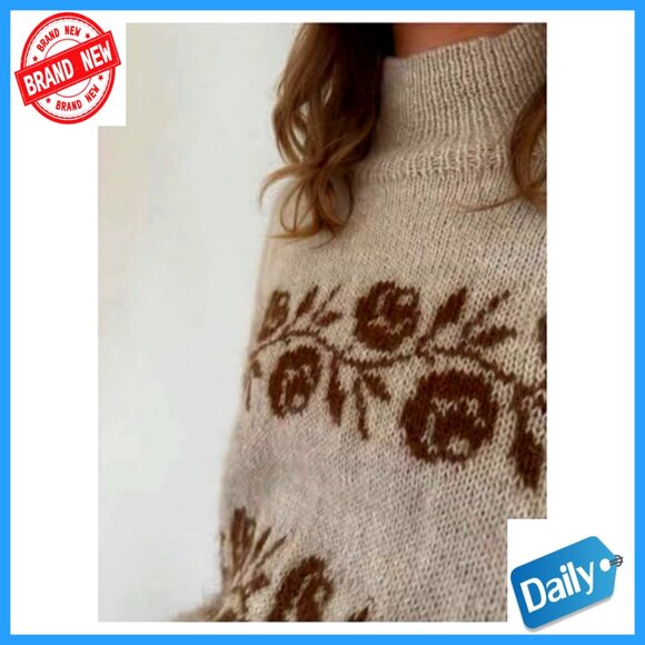 Floral Print Pullover Sweater High Neck Long Sleeve Fall Tops - Picture 5 of 5